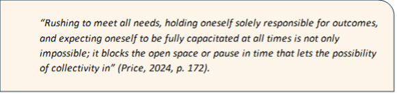 Quote about boundary setting and collective responsibility from Price (2024), emphasizing that trying to meet all needs alone can prevent space for collective possibility.